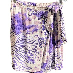 Revue Wrap-Look Mini Skirt Purple and White with Wide Sash Tie Attached
